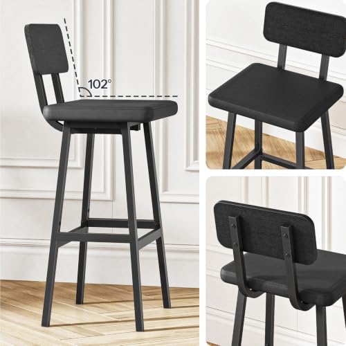 HOOBRO Black Bar Stools, Set of 2 PU Upholstered Tall Bar Stools, Kitchen Breakfast Stools with Footrests, Bar Chairs, for Kitchen, Dining Room, Bar, Cafe, Black BB84BY01G2