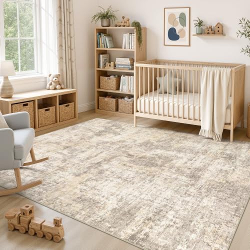 cotiled 9x12 Area Rug for Living Room: Washable Soft Abstract Rugs Beige