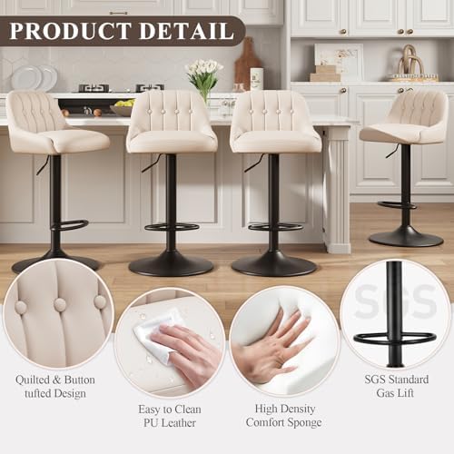 MALOL Bar Stools Set of 4, Swivel Bar Chairs, Modern Adjustable PU Leather Upholstered Barstools Counter Height with Tufted Back for Bar, Kitchen Counter Island, Dining Room, Beige