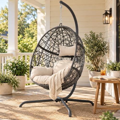 NICESOUL Oversized Patio Swing Egg Chair, Rattan Outdoor Indoor Hanging Egg Chair with Stand, Cozy Bird Cage Swinging Basket Chairs, 350 lbs Egg-Shape Padded Seat for Balcony Outside, Beige