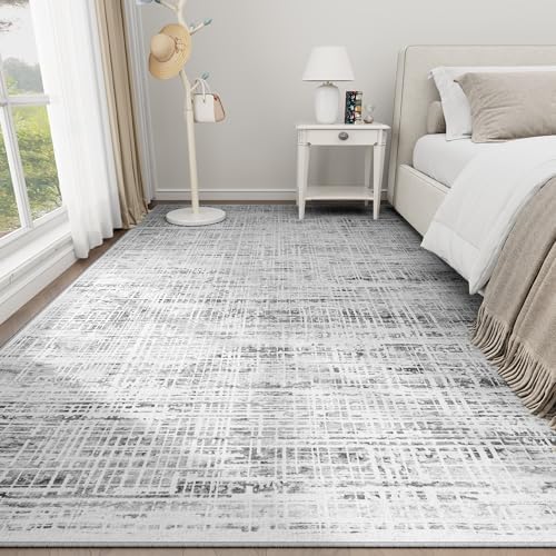 8x10 Washable Area Rug for Living Room Bedroom: Non-Slip Modern White Gray