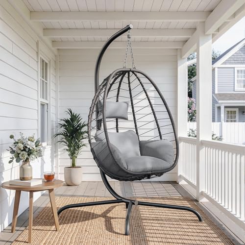 ALAULM Foldable Egg Chair with Stand, 485LBS Capacity Wicker Rattan Hammock Swing Chair for Outdoor & Indoor, Hanging Chair with Strong Frame & UV Resistant Cushion for Balcony, Bedroom, Light Gray