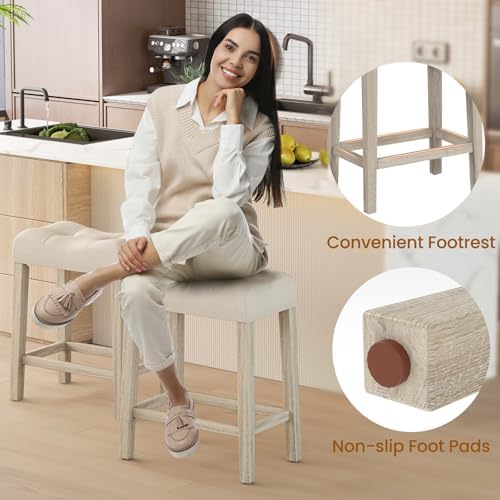 GIANTEX 24" Saddle Bar Stools Set of 4, Farmhouse Button Tufted Barstools