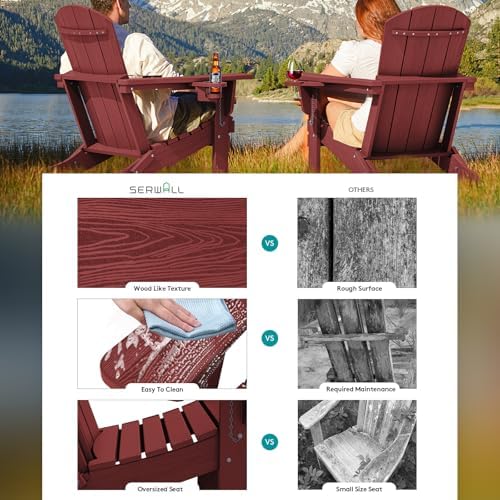 SERWALL Outdoor Adirondack Chair Set of 2 with 2 Cup Holders,Foldable,Red