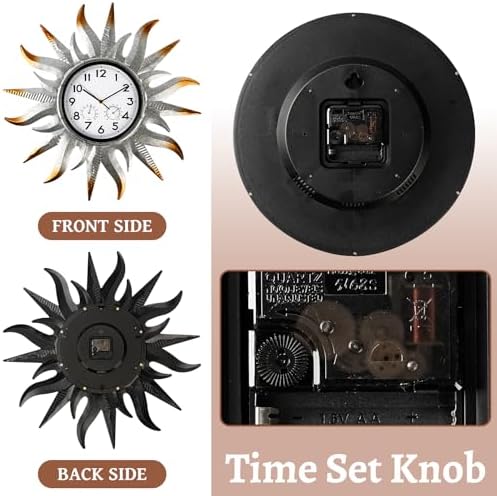 25-Inch Sun-Shaped Outdoor Clock and Thermometer Set, 10-Inch Dial, Battery Powered, Waterproof, Silent Quartz Movement (Silver)