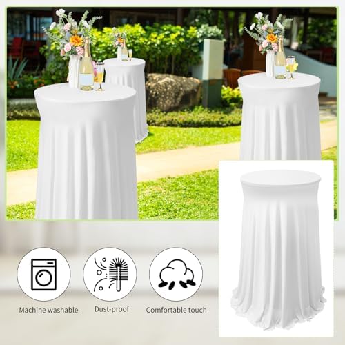 Tegeme 3 Packs Spandex Cocktail Table Cover Fitted with Skirt, White