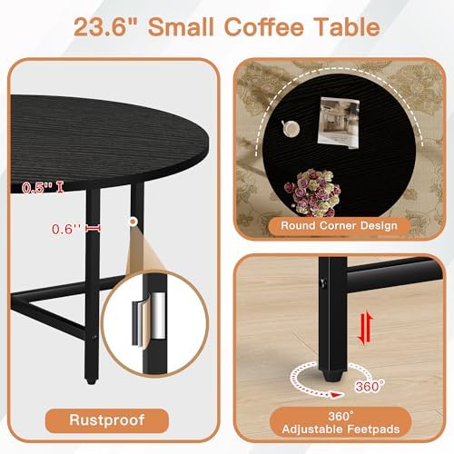 FAMIDGE Coffee Table, 23.6" Round Coffee Table, Black Living Room Tables