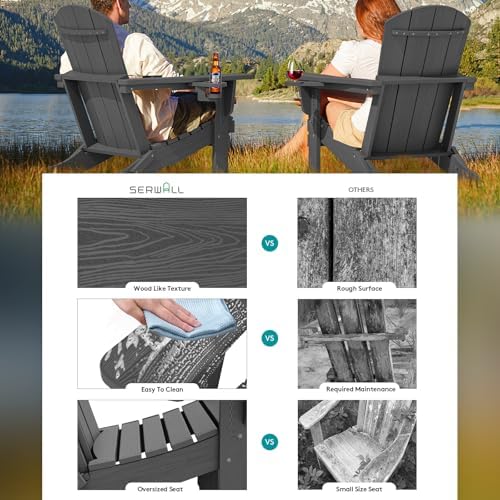 SERWALL Outdoor Adirondack Chair Set of 2 with 2 Cup Holders,Foldable,Grey