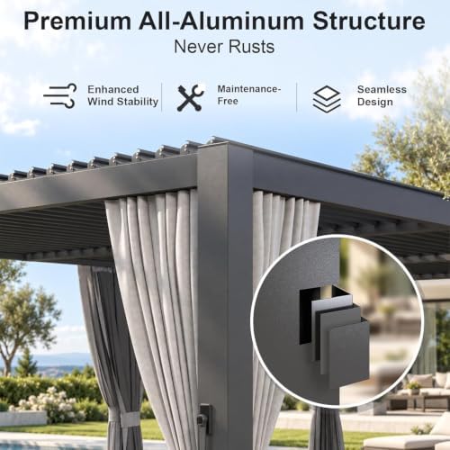 Aoxun Louvered Pergola 12x20 All-Aluminum, String Lights,Curtains & Netting