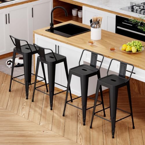 Metal Bar Stools Set of 4,26 Inch Counter Height Stools with Low Back Black
