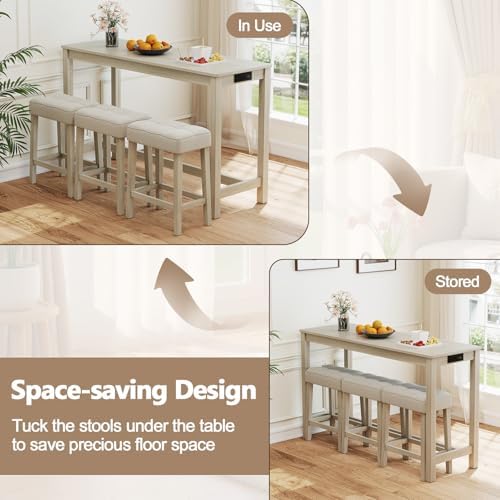 Giantex 4-Pieces Bar Table Set with Charging Station, 59-inches Dinner Tables with 3 Padded Stools, Adjustable Foot Pads, Space-Saving Dining Table Set for Dinette, Dining Room, Kitchen