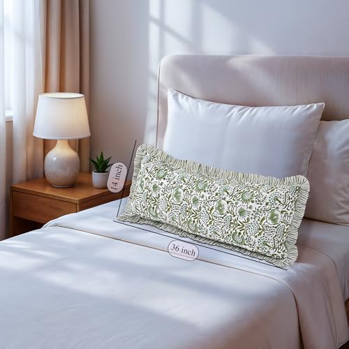 CPC Agate Green Block Print Ruffle Sham Pillow Cover 14x36 Inch, Pack of 1