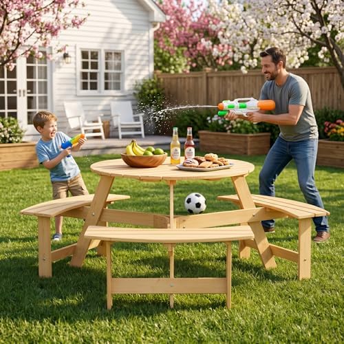 Round 6 Person Outdoor Picnic Table with 3 Built-in Benches
