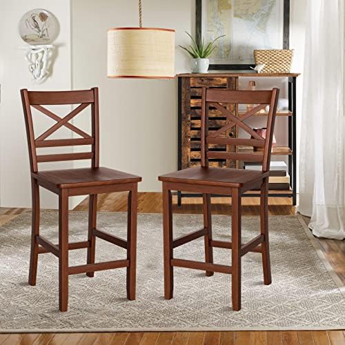 COSTWAY 25'' Wooden Counter Height Barstools Set of 2 with Slatted Backrest