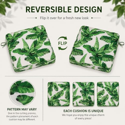 19x19x3 Inch Outdoor Square Corner Chair Cushions with Ties Set of 2, Water & Fade Resistant Thick Seat Cushion Pads for Garden Patio Dining Porch Furniture - Green Leaves White