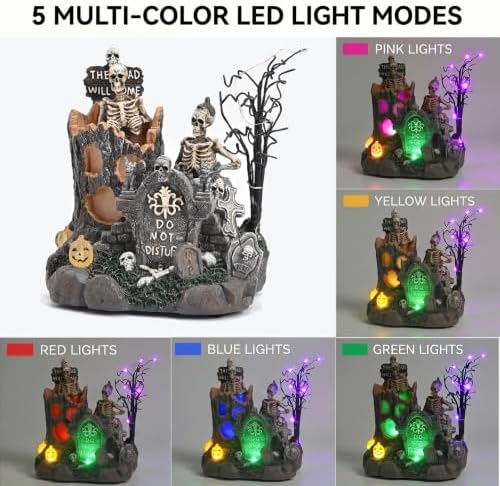Valery Madelyn Halloween Decorations, Lighted Halloween Village with Music and LED Lights, Resin Spooky Tree and Skeleton Gravestones Scene Haunted House for Home and Party Table Desk Mantel, 8 Inch