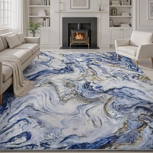 PADOOR Abstract 9'x12' Area Rug, Washable Non-Slip Low Pile, Marble Blue