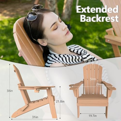 Plawdlik Folding Adirondack Chair Set of 6 with Cup Holder，Wooden Textured ，Heavy All-Weather HDPE Comfortable Set Poolside Backyard Lawn, Teak
