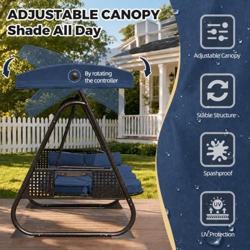 3 Seat Patio Swing Chair with Canopy,Outdoor Porch Swing with Thick Cushions,Adjustable Sunshade,Side Trays & Pillows,Heavy Duty Metal Frame for Patio,Garden,Backyard(Blue)