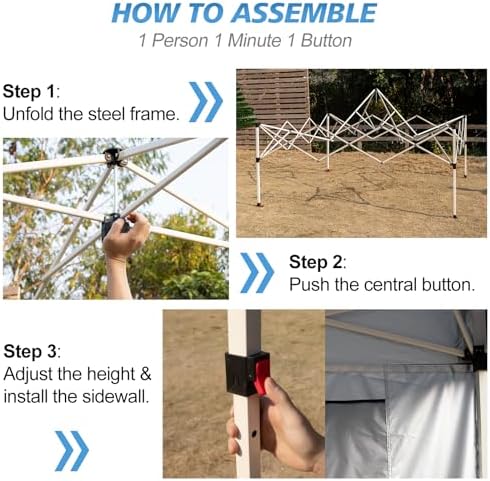 WEIZE 10x10 Pop Up Canopy Tent, 1-Button Push Setup Canopy Tent with 1 Sidewall, Adjustable Height Instant Portable Shelter, Portable Roller Bag,Easy Outdoor Sun Shade for Events,4 Weight Bags,White