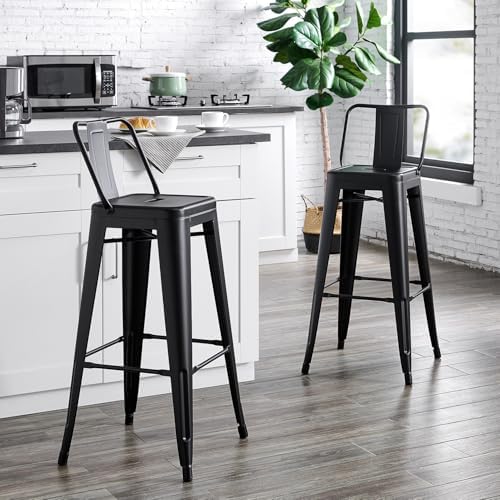 AC Pacific 30” Metal Barstool Set of 2 – Country Rustic Style with Low Back, Lightweight & Sturdy Build, Easy Assembly – Matte Black