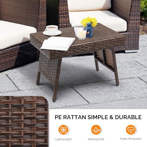 VINGLI Outdoor Folding Rattan Side Table, Portable Wicker End Table for Patio, Garden, Poolside, and Indoor Use, Mix Mocha