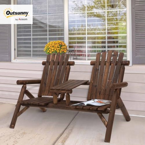 Outsunny 2-Seat Wooden Adirondack Chair Patio Bench with Table Carbonized