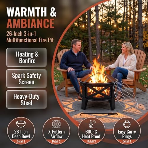 Fire Beauty 26" 2-in-1 Fire Pit with BBQ Grill, Spark Screen & Poker, Black