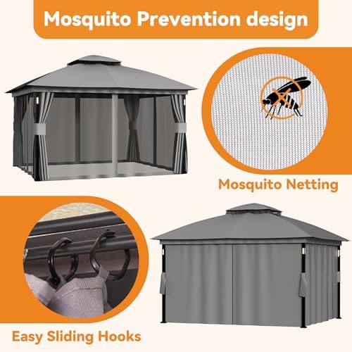 Covered Outdoor Patio Gazebo 11'x13' with LED Lights & Bluetooth Speaker