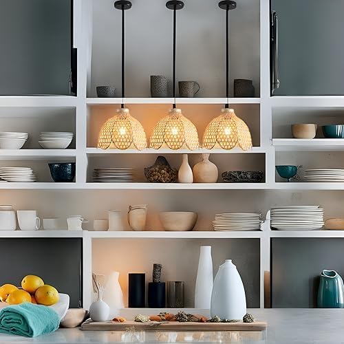 bamboo pendant light mini rattan chandelier, front angle view
