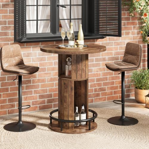 HSH Round Bar Table, 37.4"H Bar Height Bistro Pub Table With 2-Tier Storage