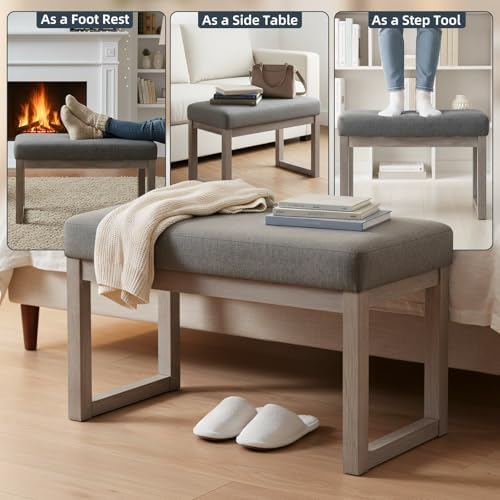 CangLong 27 Inch Wide Rectangle Ottoman Bench Grey Footstool, Linen Look Polyester Fabric for Living Room, Bedroom, Grey