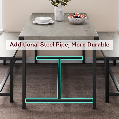 Dining Table Set for 4 with 2 Benches, 3-Piece Kitchen Table Set, Space-Saving Dining Set for Kitchen, Dining Room, Gray