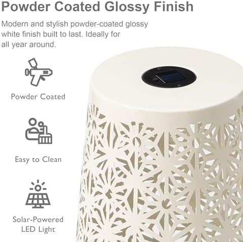 Glitzhome Ourdoor Side Table Set of 2,Solar Iron Cutout Geometric Pattern Decorative Garden Stool Planter Stand,Accent Table or Lantern for Patio Poolside Party Yard,White