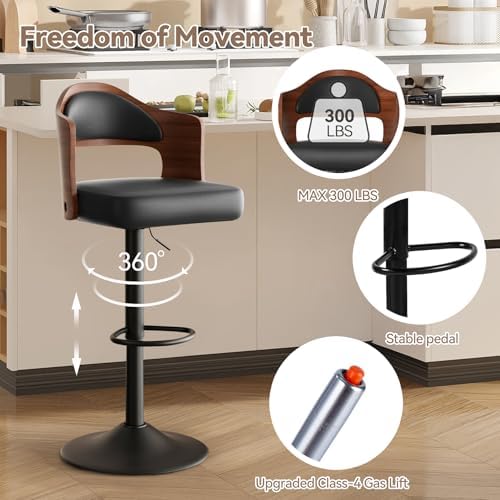 Nalupatio Modern Bar Stools Set of 3, Faux Leather Upholstered Swivel Bar Stools, Adjustable Counter Height Bar Chairs with Back for Kitchen Dining Room, Black
