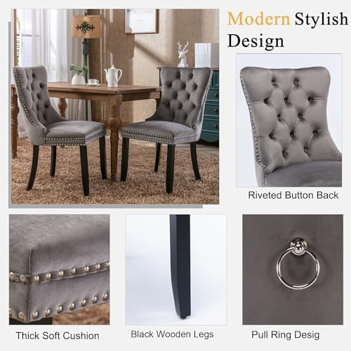 Round Extendable Dining Table Set for 6, 43"-59" Black Expandable Kitchen Table with 6 Grey Velvet Tufted Chairs, Farmhouse Wooden Extendable Dining Room Table Set for Small Space Apartment