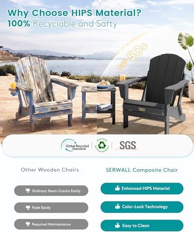 SERWALL Folding Adirondack Chair with Cup Holder Set of 4, Fire Pit - Gray