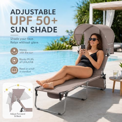 Wheel-To-Go Tanning Chair with Wheels Sun Canopy Umbrella Face Hole Thicker Washable Adjustable, Heavy Duty Folding Lay Flat Sun Lounge Chair Beach Outside Sunbathing Reading, UPF 50+ (Patent Design)