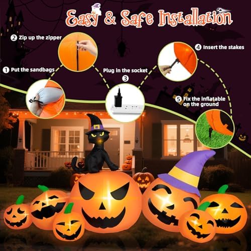 8FT Long Halloween Inflatables Pumpkin Outdoor Decorations, 7 Blow Up Pumpkins Inflatables with Witch Hat & Black Cat Built-in LED Lights for Halloween Party Yard Garden Lawn Decorations