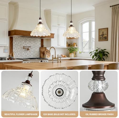 1 Piece Vintage Chandelier in Oil Rubbed Bronze Finish with Flower-Shaped Glass Shade, Retro Pendant Light for Kitchen, Hanging Light Fixture for Dining Room, Hallway, Living Room, Bedroom