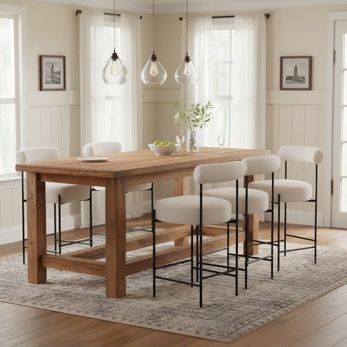 ROCITY Beige Modern Bar Stools Set of 2 Linen Upholstered Counter Stools with Barrel Back 26 Inch Fabric Kitchen Island Chairs with Metal Legs, Cream