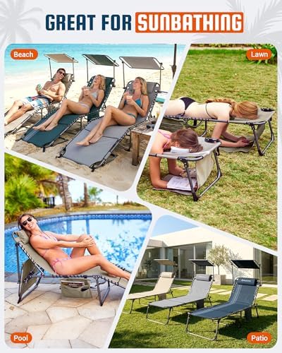 KingCamp 400LBS Lounge Chair with Face Hole & Canopy Shade, Beige 1‑Pack