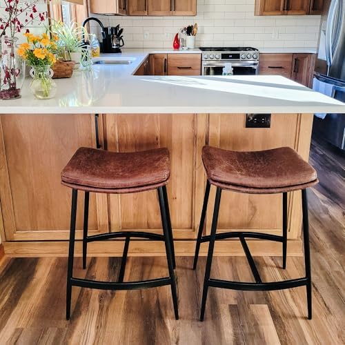 Nathan James Arlo Modern Backless Upholstered Kitchen Counter Bar Stool with Double-Layered Saddle Seat and Black Metal Base, Brown/Matte Black, Set of 2