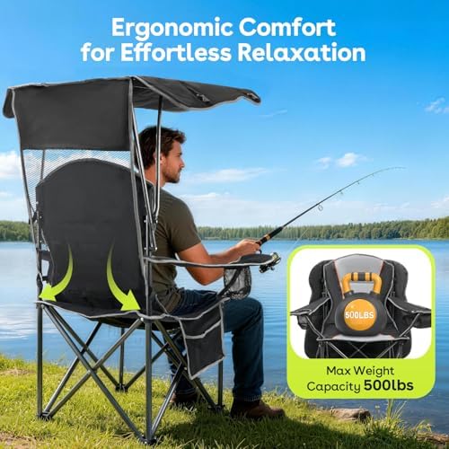 Suteck Camping Chair with Canopy Shade, Folding Outdoor Beach Chairs,Black