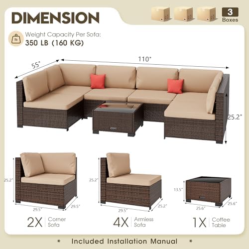 LHBcraft 7 Piece Outside Sectional Furniture Set, All Weather Wicker Patio Sofa, Outdoor Sectional Balcony Furniture with Beige Cushion & Glass Coffee Table