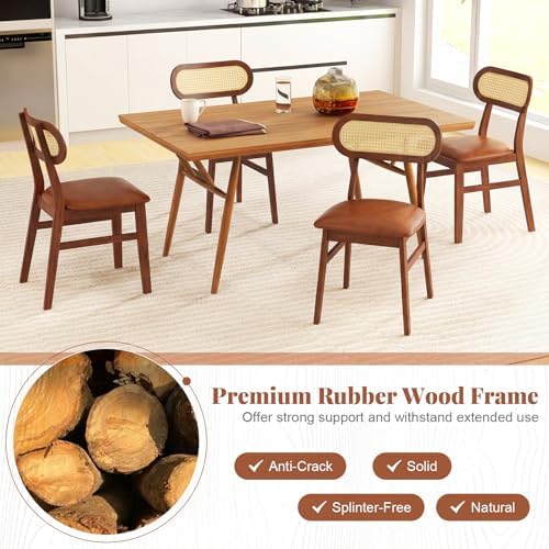 GOFLAME Wooden Dining Chairs Set of 4, Mid-Century Modern Kitchen Chairs with Upholstered Seat & Rattan Backrest, Faux Leather Cover, Armless Side Chairs for Kitchen, Dining Room, Restaurant, Espresso