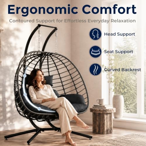 SWITTE Double Egg Chair Outdoor with Stand, Patio Hanging Swing, Grey
