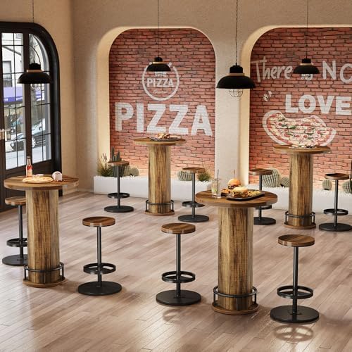 Tribesigns Round Bar Table with Chairs, Industrial Bistro Sets with 2 barstools, Pub Cocktail Table with Metal Ring Footrest for Kitchen Nook, Apartment, Small Space