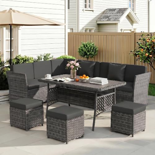 LOUVIXA 7 Pieces Patio Furniture Set, Outdoor Patio Furniture, Wicker Conversation Set with Dining Table, Chairs and Ottoman (6227 Grey-Grey)