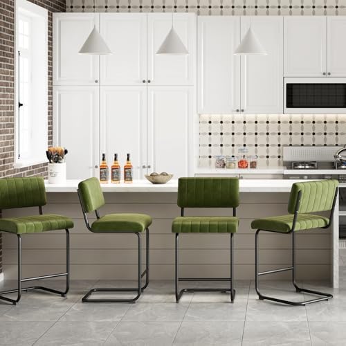 ONEVOG 24.6'' Counter Height Bar Stools Set of 2, Mid-Century Modern Counter Height Cantilever Chairs for Kitchen Island, Upholstered Velvet Fabric Barstools with Back and Metal Leg, Olive Green